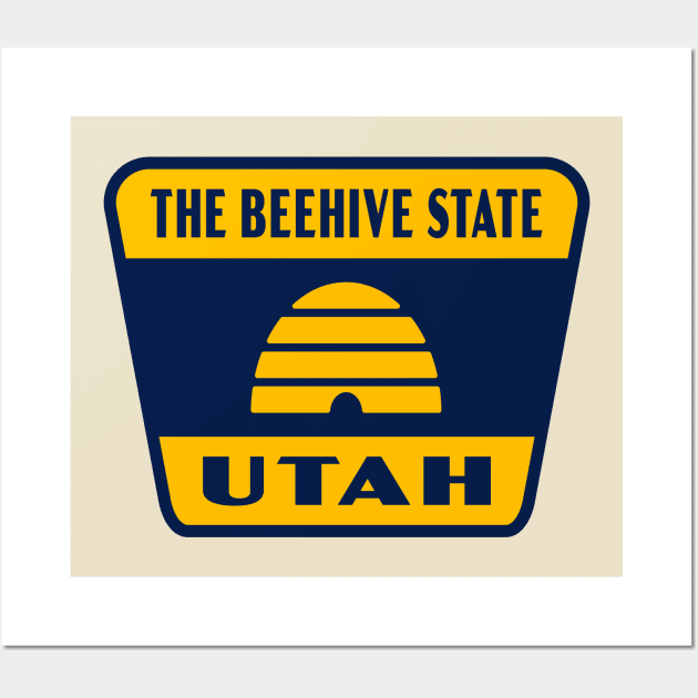 The Beehive State Utah Retro Flag Badge (Tan) Wall Art by deadmansupplyco